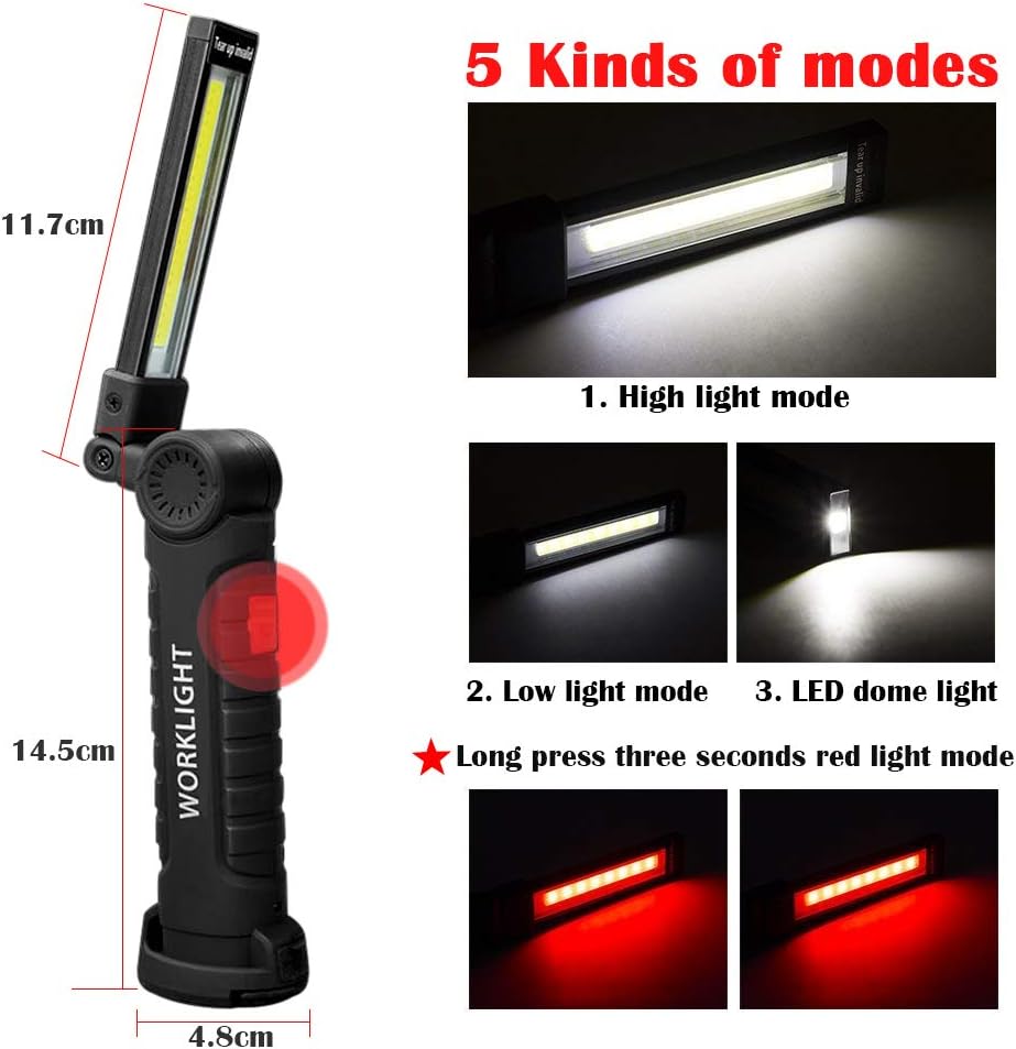 Lampe de travail COB rechargeable, lampe torche d'atelier, base magnétique, 5 modes d'éclairage - 4