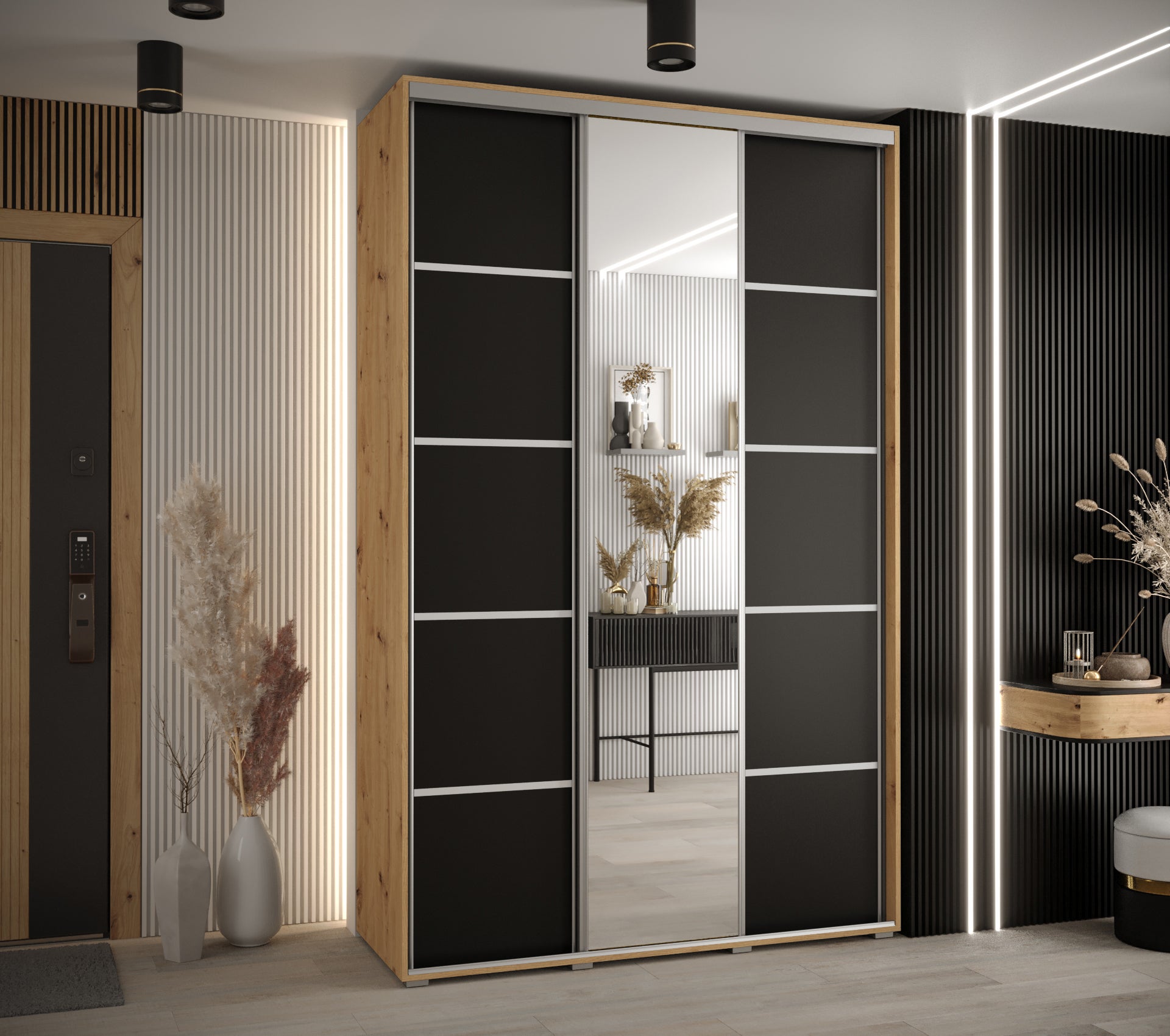 Szafa przesuwna z lustrem wysoka Davos 5 160 x 60 x 235,2 cm artisan + czarmy + u. srebrny - Abiks Meble - 2