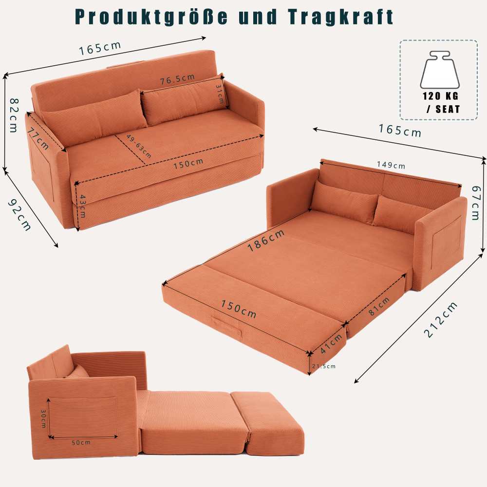 Sofá cama moderno laranja 2 lugares, tecido poliéster, braços quadrados, com almofadas lombares e bolsos, ideal para sala de estar - 6