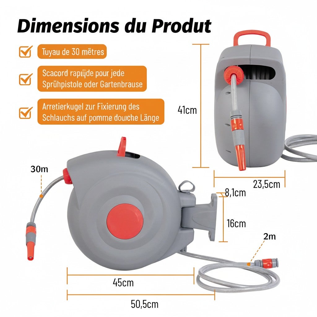 Enrouleur de Tuyau d'Arrosage 30m, Couverture 1413m², Pistolet 9 Jets, Support Mural Pivotant 180°, Résistant aux UV et à la Rouille - 4
