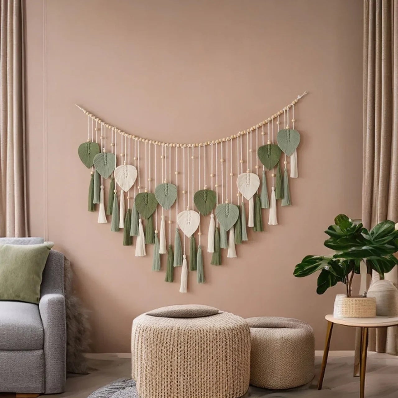 Gobelin z liści z bawełnianej liny, dekoracja ścienna do domu w stylu boho, gobelin do sypialni