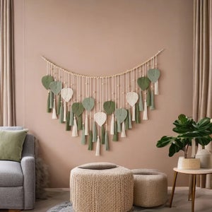 Tenture Murale Macramé MEKOTRIN 120x75 Cm - Grande Tapisserie Boho Avec Feuilles Vertes Et Franges