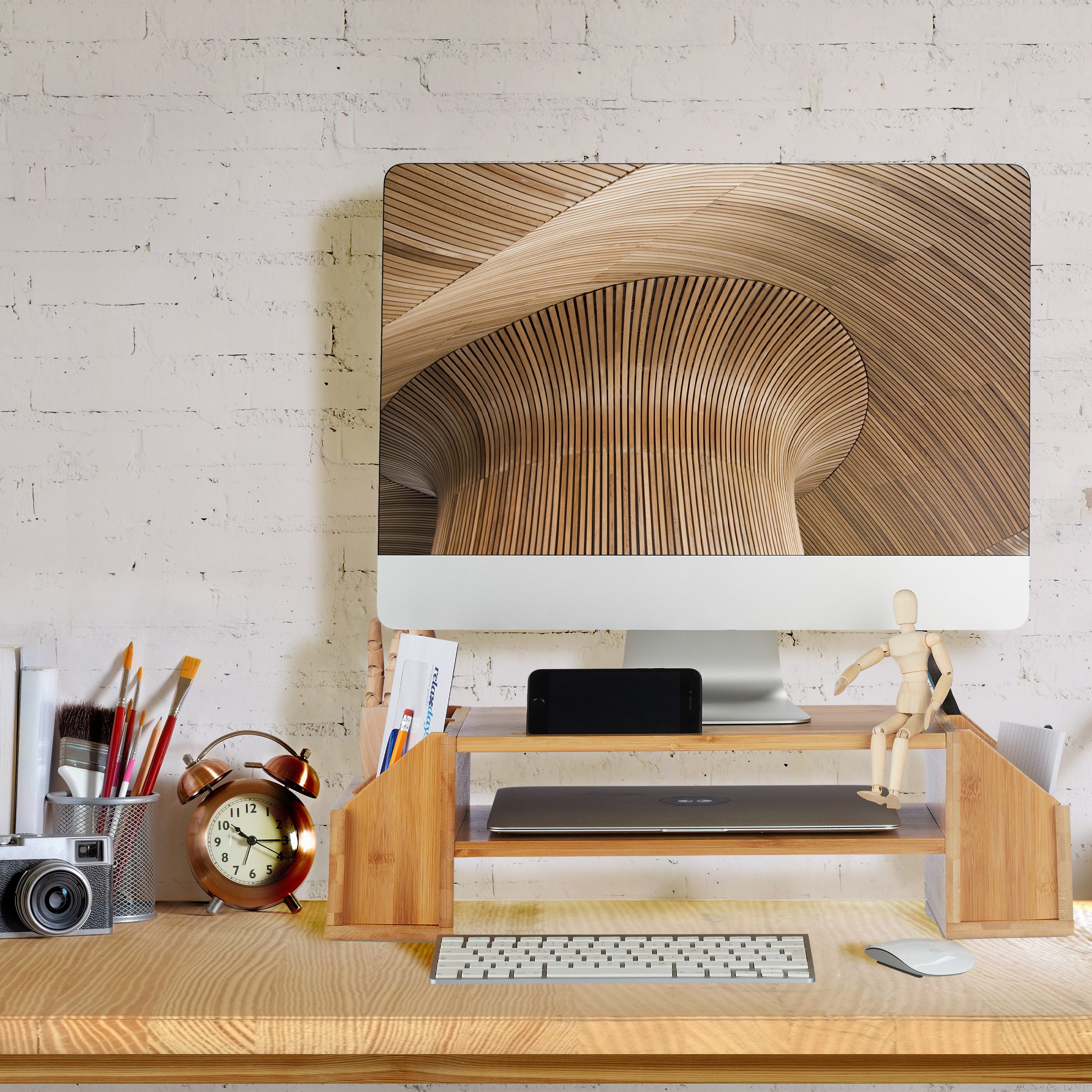 Support Écran PC Bambou Relaxdays - 2 Tiroirs + Compartiment Rangement, Rehausseur Ergonomique Naturel 13x54x23 Cm