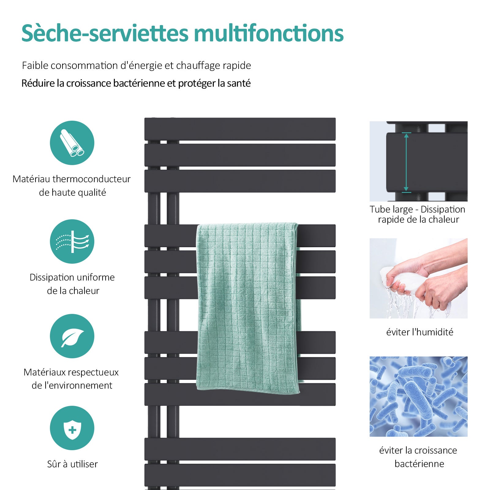 EMKE Grzejnik Łazienkowy 958W, 159,9x60 cm, 4 bar, do 10 m² – Czarny - 2