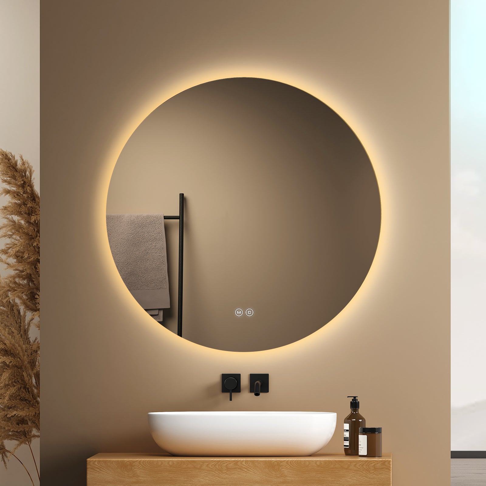 EMKE Okrągłe Lustro łazienkowe z oświetleniem LED 80 cm, z 3 barwy światła, możliwość ściemniania, funkcja pamięci, przełącznik dotykowy