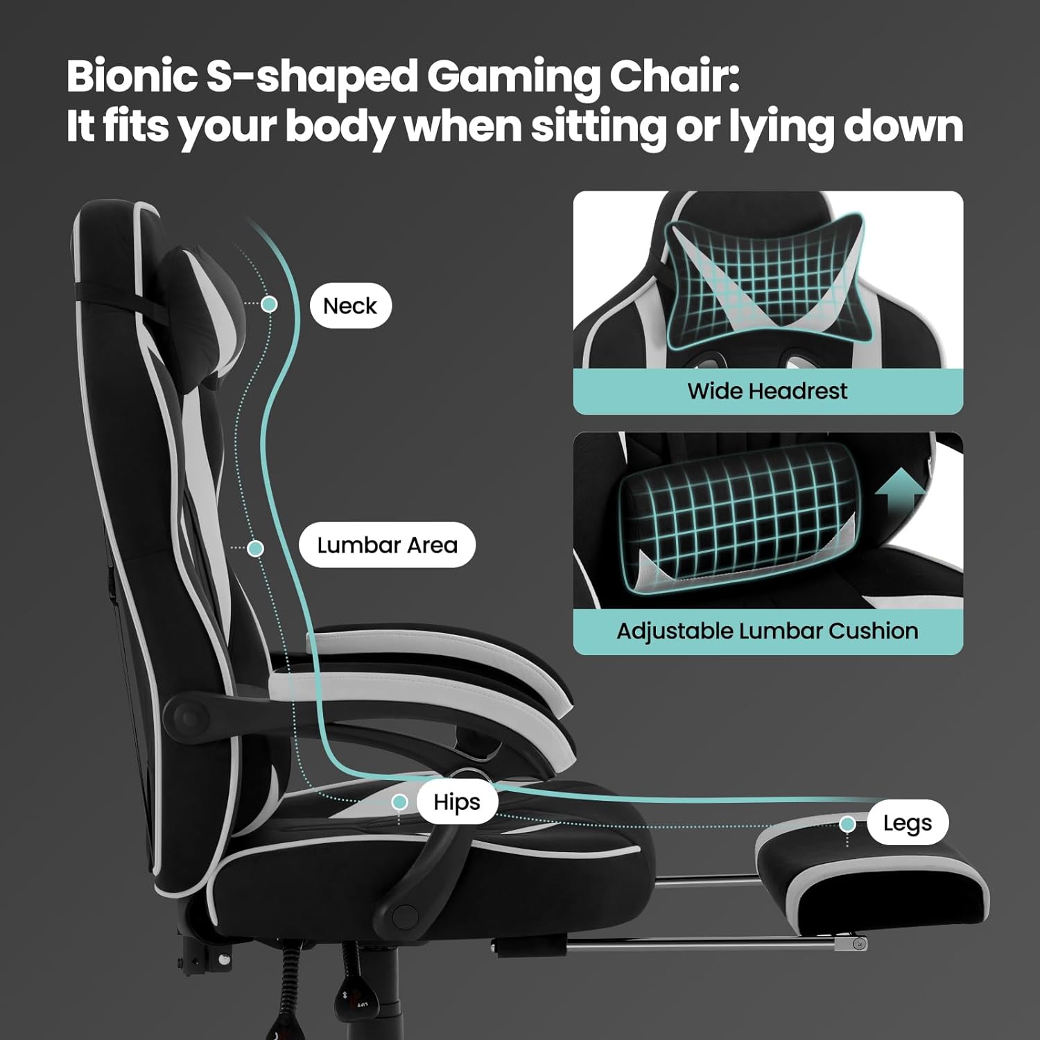 WOLTU Chaise Gaming en Tissu Respirant，Fauteuil Gamer Ergonomique，avec Coussin Lombaire，Appui-Tête et Repose-Pieds，Tissu Leathaire，Gris - 5