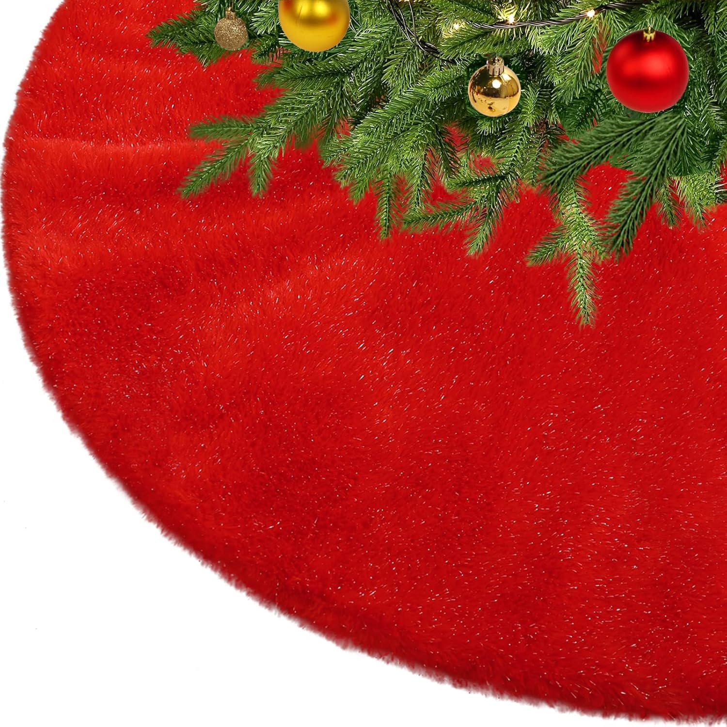 Czerwona spódnica na choinkę z imitacji futra ze srebrną, błyszczącą nitką - okrągły dywanik pod choinkę, dekoracja XmasTree - 78cm/90cm/120cm