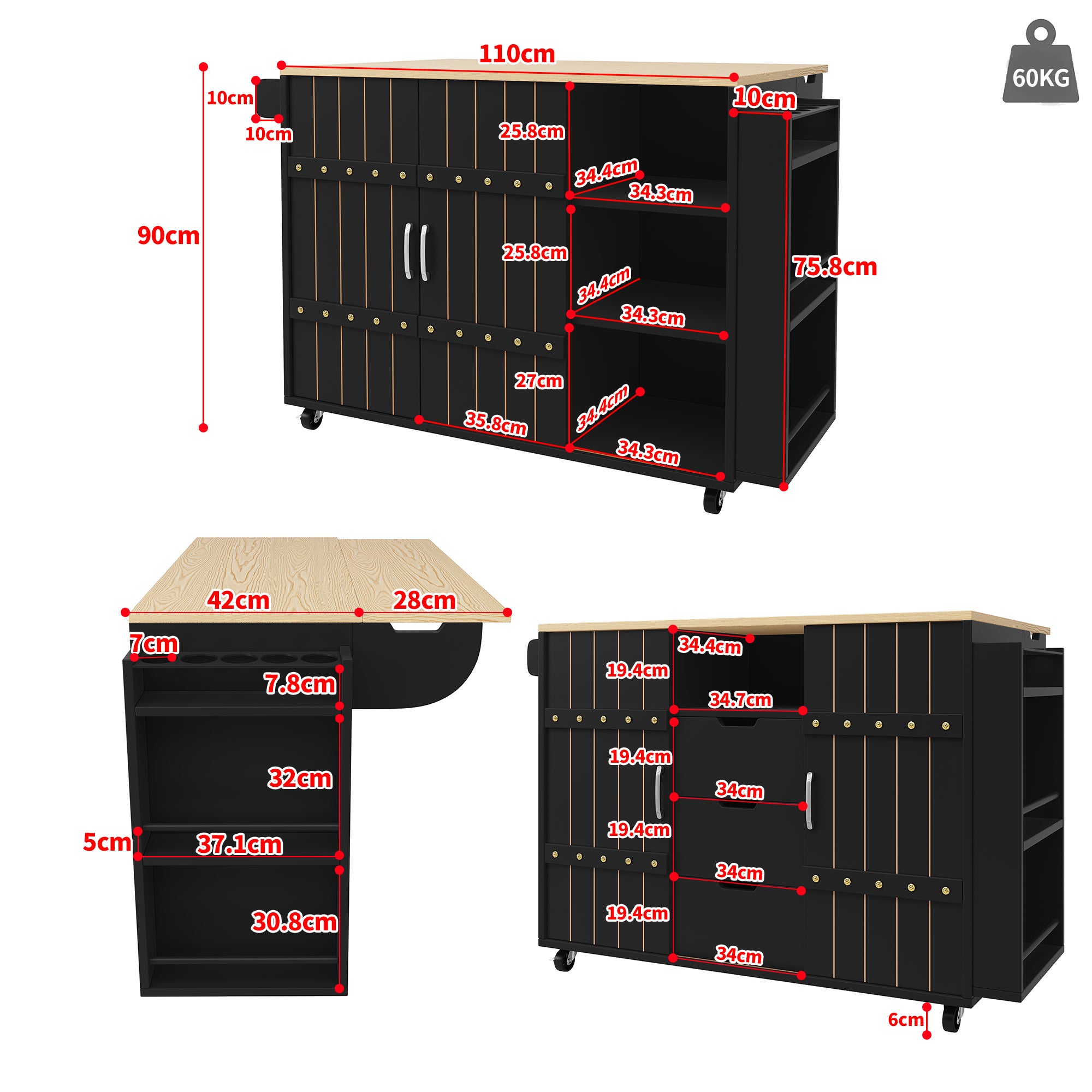 Buffet cuisine avec plan de travail, Chariot à roulettes avec tiroirs, Desserte cuisine avec étagère à épices et porte serviettes,Noir 110x42x90cm - 9