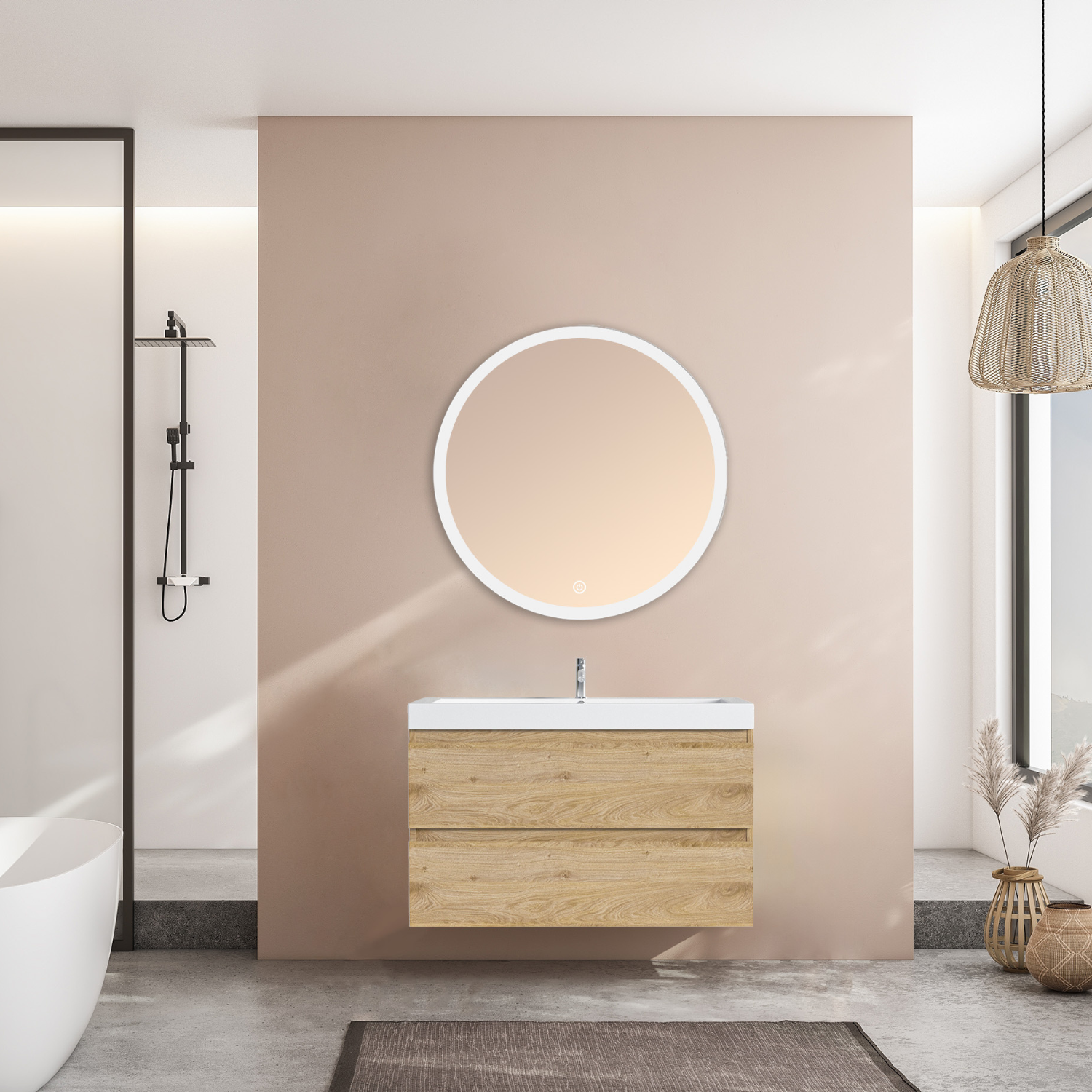 LOMAZOO meuble de salle de bain Monaco chêne clair - 80cm - lavabo blanc - 7