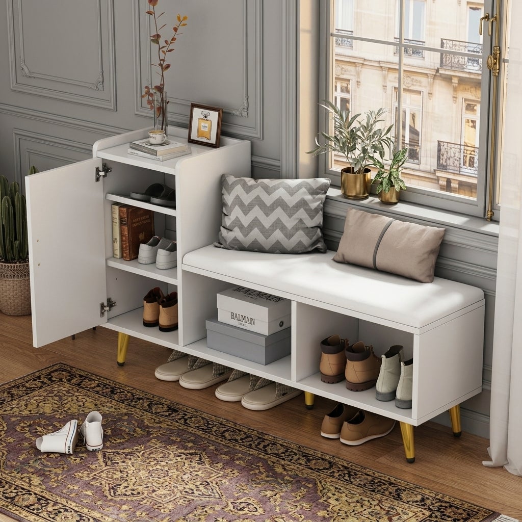 Banchetă pentru pantofi cu 1 ușă și spațiu de depozitare deschis - PAL și PU - 120 x 35 x 71,5 cm - Alb lucios