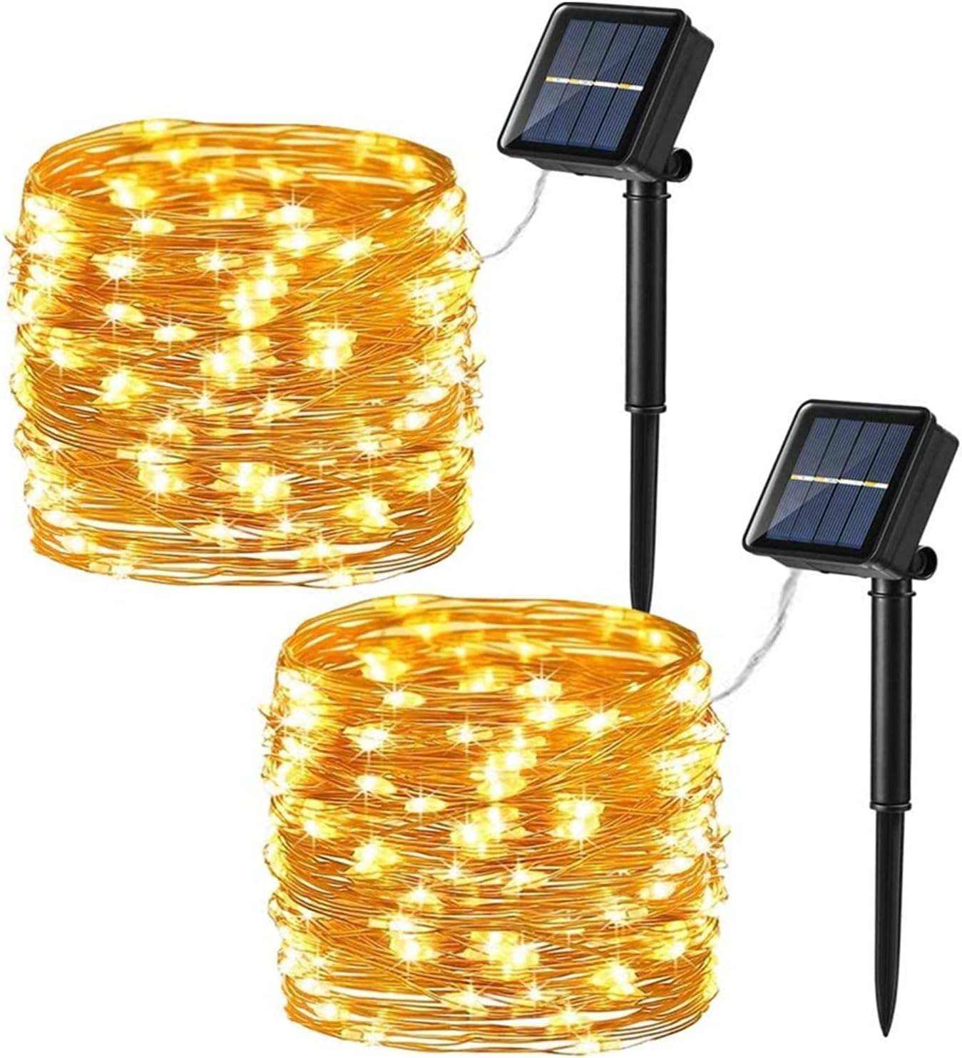 [2 sztuki] Lampki solarne na sznurku do użytku na zewnątrz, 12 m, 100 diod LED, 8 trybów, wodoodporne, ciepła biel