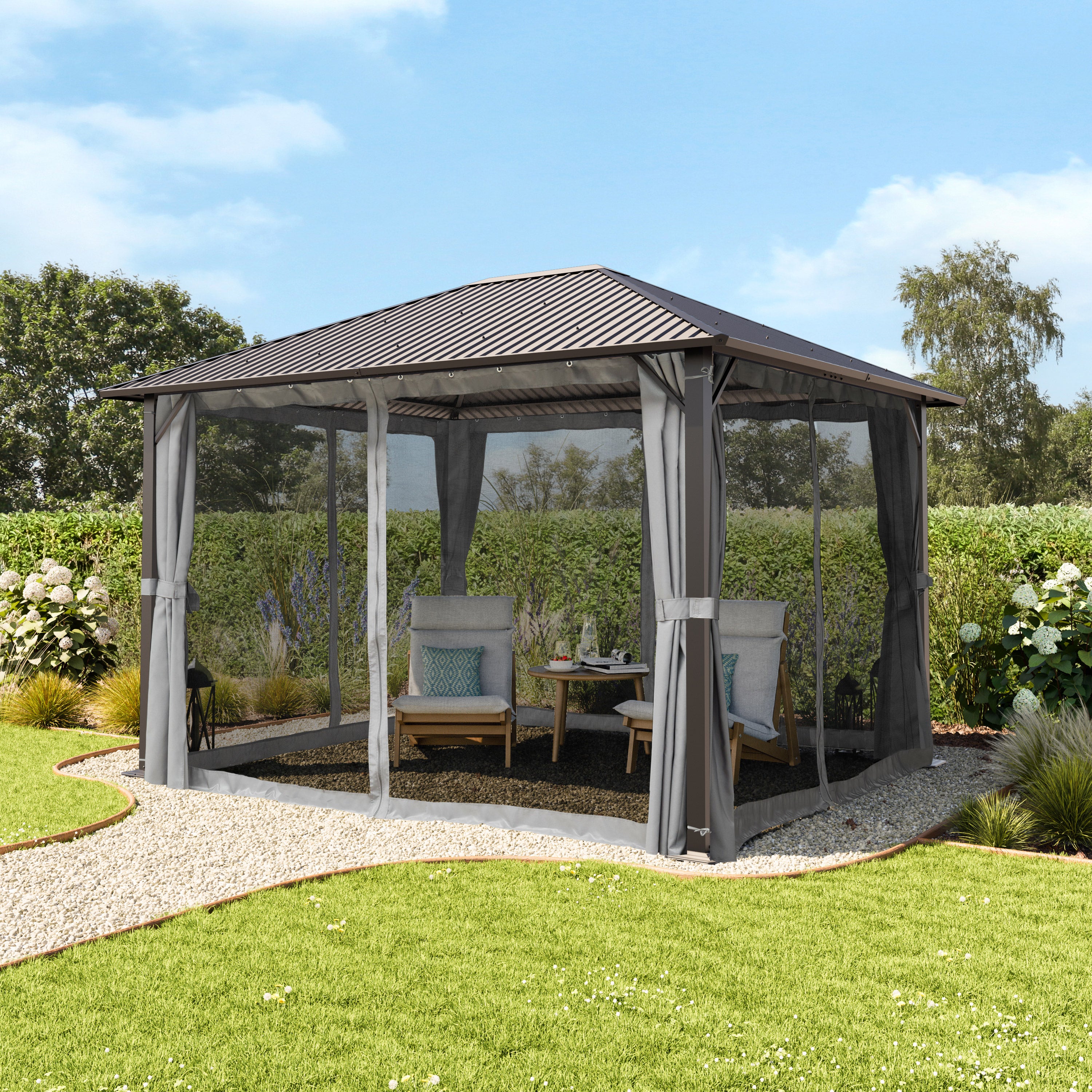 TOOLPORT Cenador de Jardin 3x3,65 m con techo de acero - Hardtop pabellón con 4 cortinas y mosquiteras en gris - 6