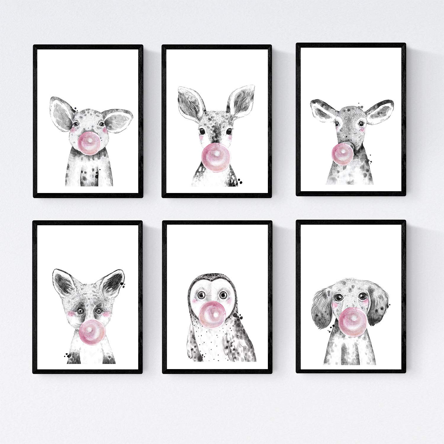 Set 6 posters animales bebes con chicle cerdo ciervo vaca zorro buho perro