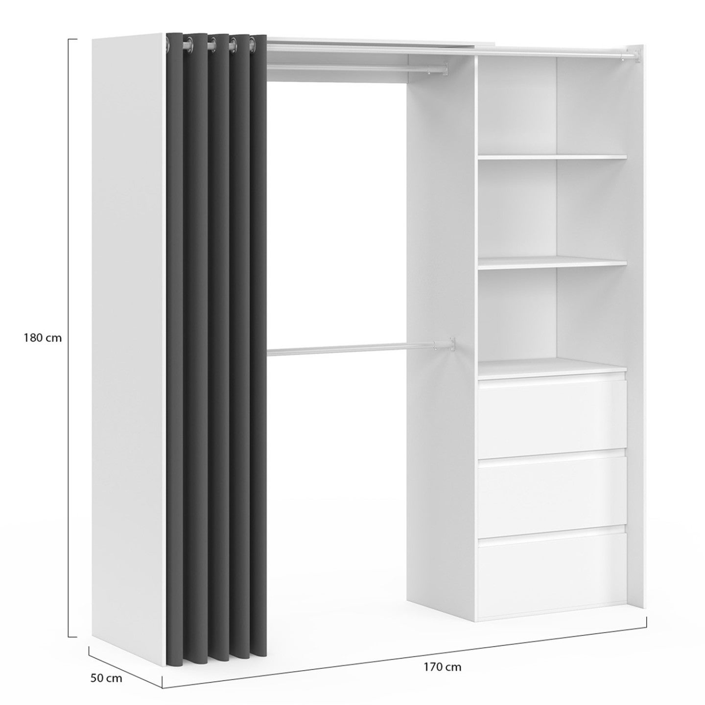 Dressing extensible MARTY 120/170 x 50 x 180 cm blanc avec 3 tiroirs + étagères + double penderie + rideau gris - 4