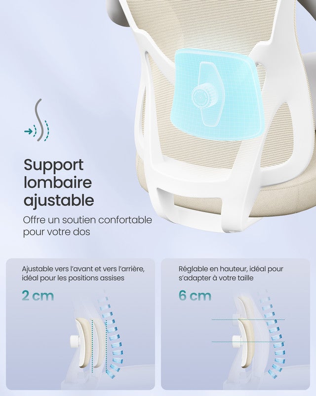 Chaise de Bureau Ergonomique, Fauteuil de Bureau, Appui-Tête et Soutien Lombaire Réglables, Supporte Jusqu’à 150 kg, Hauteur Réglable, Beige Sable - 4