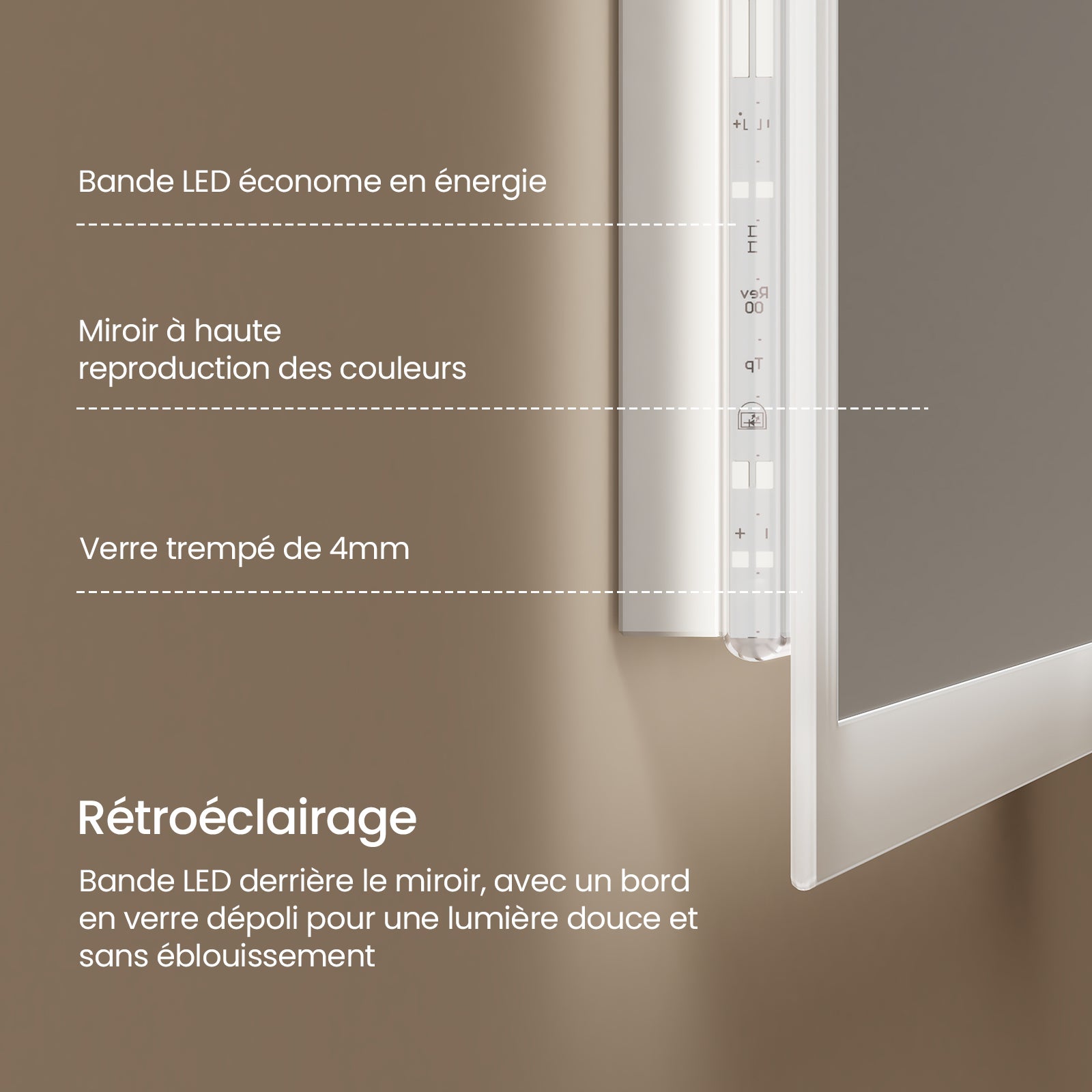 EMKE Miroir lumineux salle de bain 120x60cm, Miroir LED avec Interrupteur à bouton, Anti-buée, Miroir avec éclairage lumière Blanche Froide/Chaude - 5