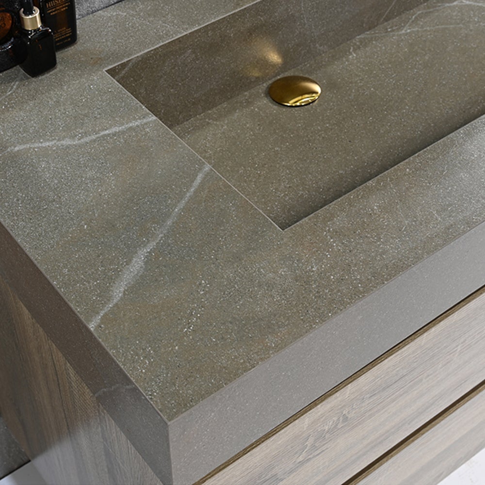 Meuble salle de bain double vasque 120cm bois et effet marbre marron avec miroir LED LB-8476M-120 - 5