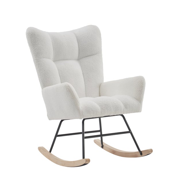 Fauteuil à Bascule Moderne, Rocking Chair avec Dossier Haut et Cadre en Métal, en Tissu Teddy Blanc - Pour Salon/Chambre