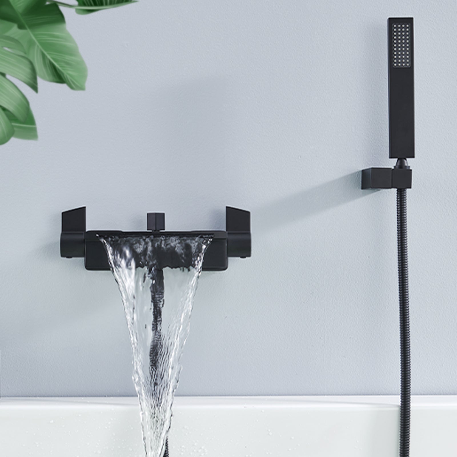 Mitigeur de Baignoire Cascade en Laiton Noir Mat - Robinet Mural Économiseur d'Eau avec Grand Sortie d'Eau, Douchette à Main et Flexible - 7