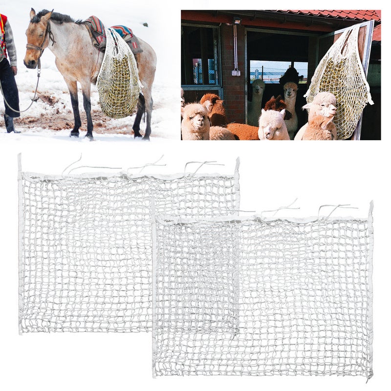 Filet à Foin Cheval 4 PCS Filet à Foin Suspendus Longueur Étendue 0,9 m pour Alimentation Lente Chevaux Moutons Bovins Alpagas Animaux Élevage, Mailles 3,8x3,8 cm Polyéthylène avec Mousquetons | FR