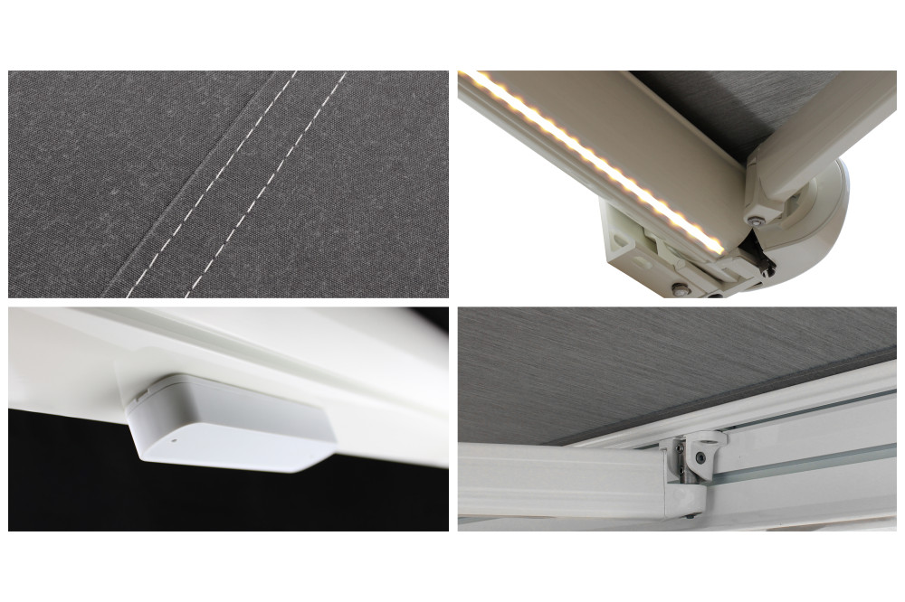 Store banne Coffre intégral PROTECT 2 LED SMART Blanc 4,05x3,50m Motorisé à télécommande + Capteur Vent + Eclairage LED - Toile Grise Anthracite - 5