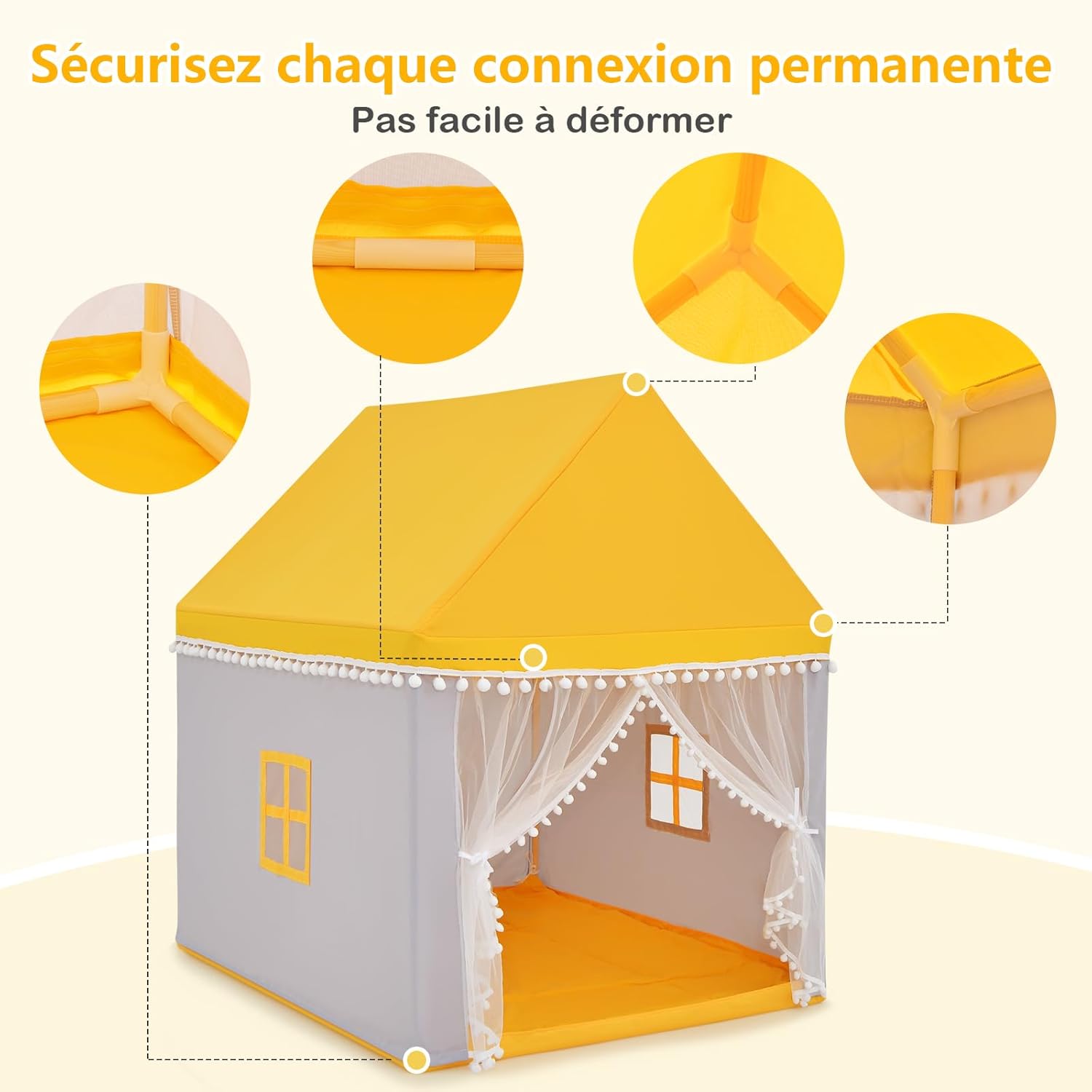 Tenda da Gioco Casetta per Bambini, Castello Giocattolo in Legno Cotone, con Struttura Stabile e Finestre Traspirabili, 105x120x140 cm (Giallo - 2