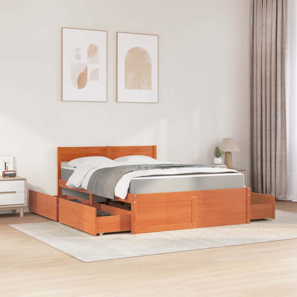 Lit avec tiroirs et matelas, bois massif de pin, cire marron, pour la chambre, 120 × 200 cm - 3
