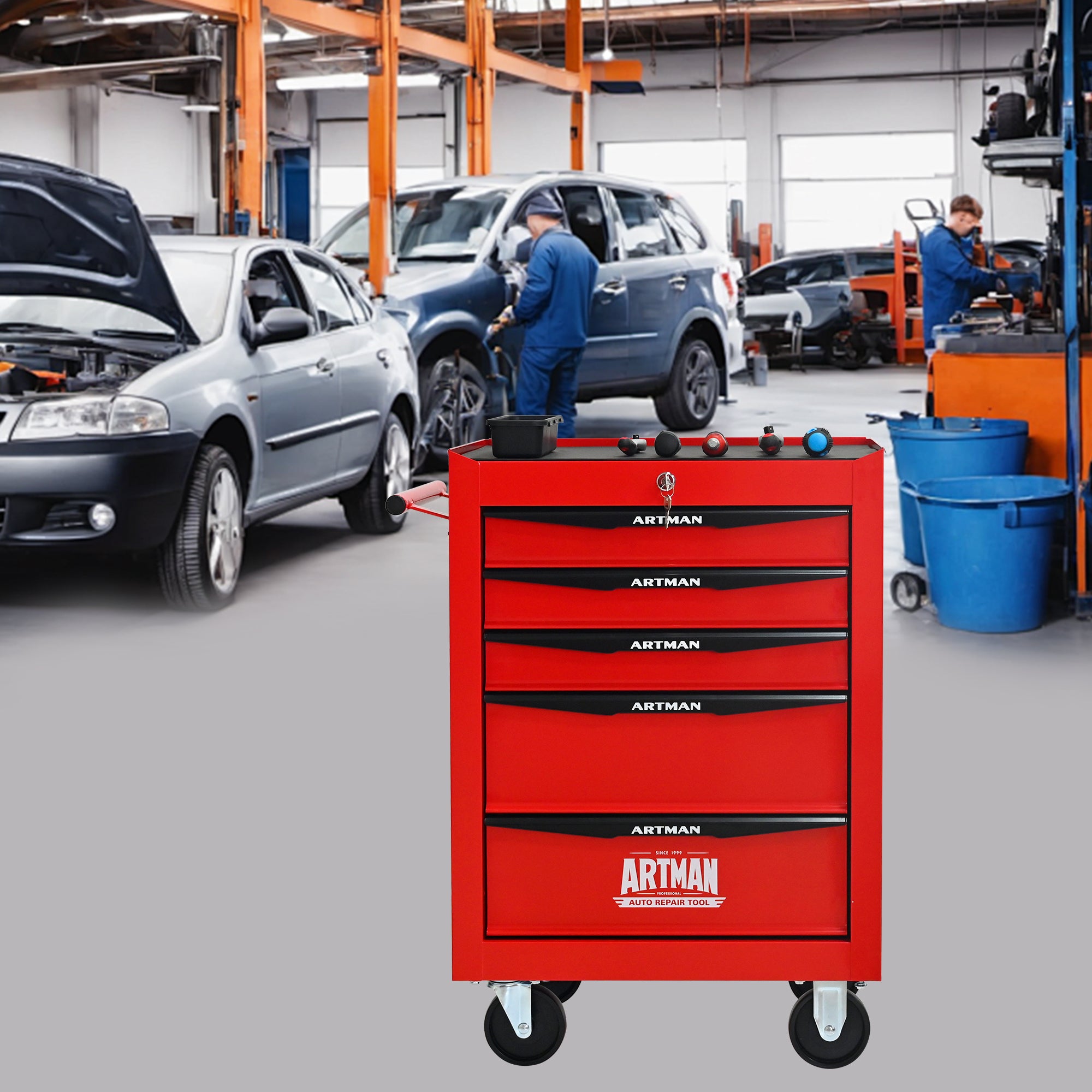 Coffre à outils en métal avec roulettes, 5 tiroirs,armoire à outils pliable en 5 parties, glissières de tiroir à billes, organiseur d'outils en acier. - 3