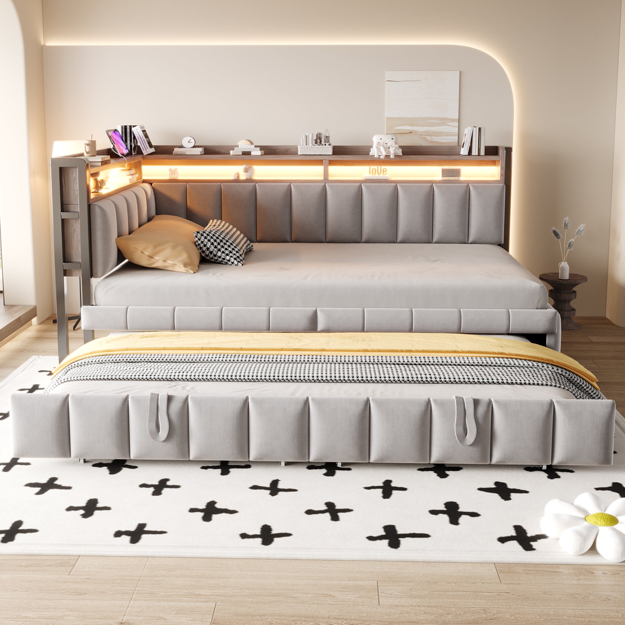 Tapicerowana sofa z łóżkiem 90x200 cm - Z wysuwanym łóżkiem - oświetlenie LED - porty USB i Type-C - jasnoszary (materac nie jest dołączony)