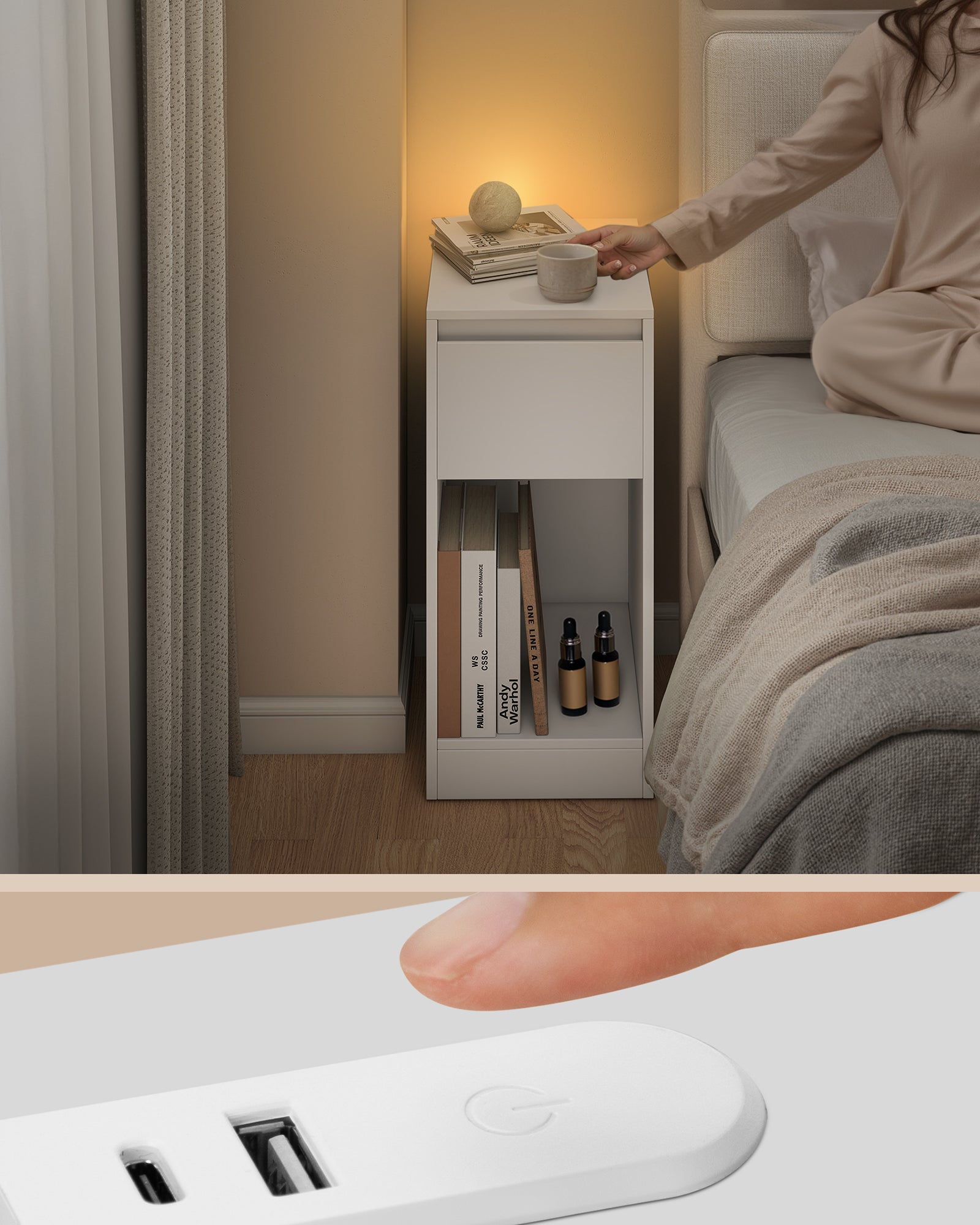 Lot de 2, Table de Chevet Étroite, Table d’Appoint, avec Éclairage LED, 1 Port USB-A, 1 Port USB-C, Tiroirs et Compartiments Ouverts, Blanc Nuage - 7