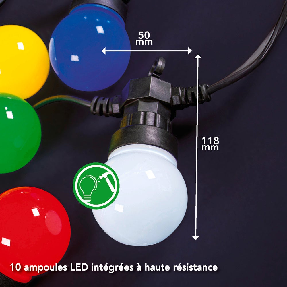 Guirlande Guinguette LED 8m, 10 ampoules multicouleur, 10 x 0,48W, 38 lumens, IP44, RVB - Tibelec - 5