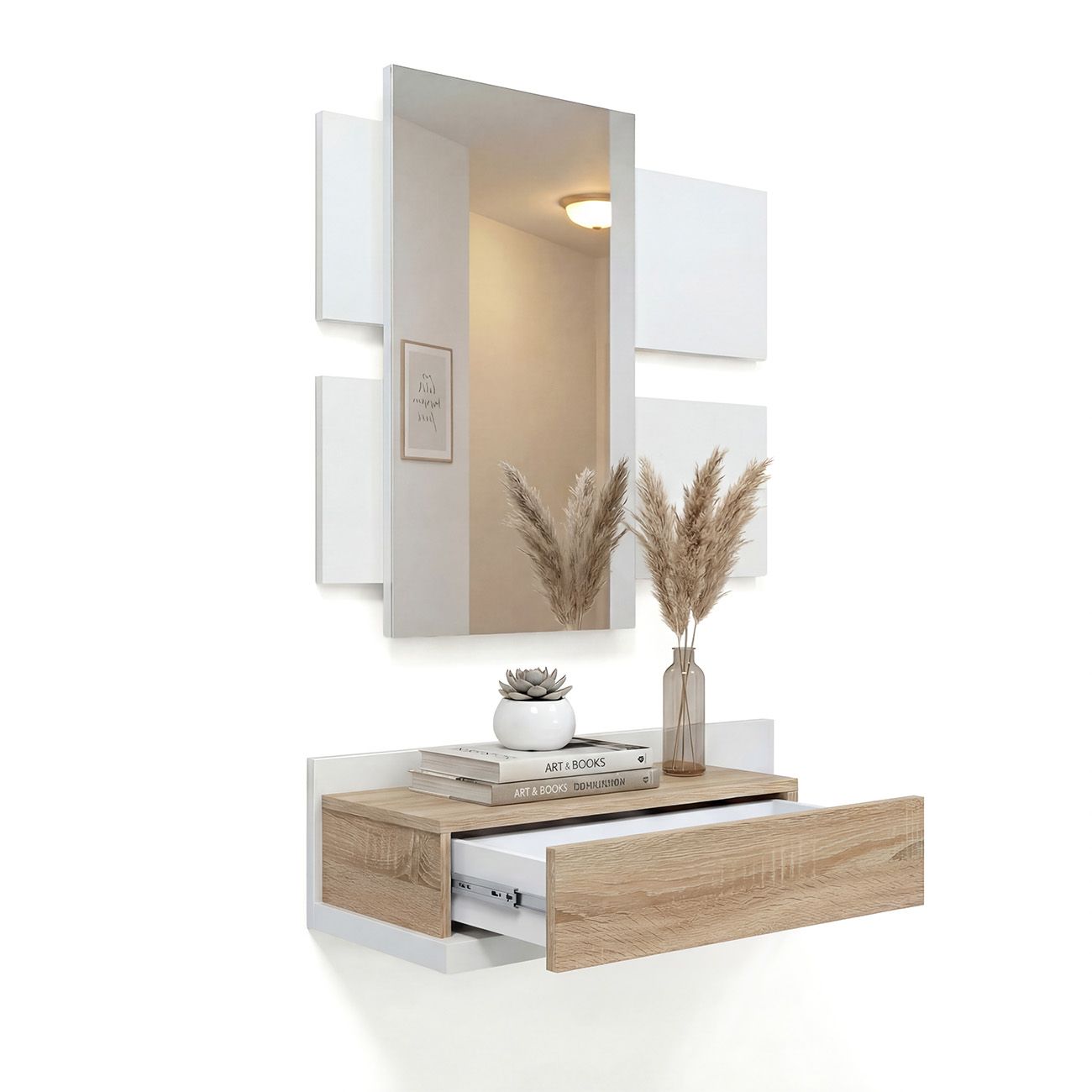 Duehome  Mueble Recibidor Con 1 Cajón Y Espejo En Mate Y Roble Canadian 75 Cm Milo Artik ( Mate), Roble Canadian 75 X 116 X 29 Cm Blanco , Leroy Merlin
