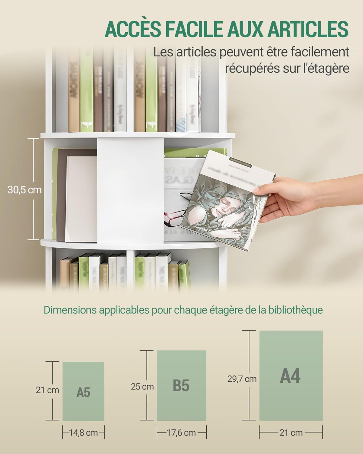 Libreria girevole, scaffale a 5 ripiani, libreria moderna con rotelle fisse, per soggiorno, bianca - 5