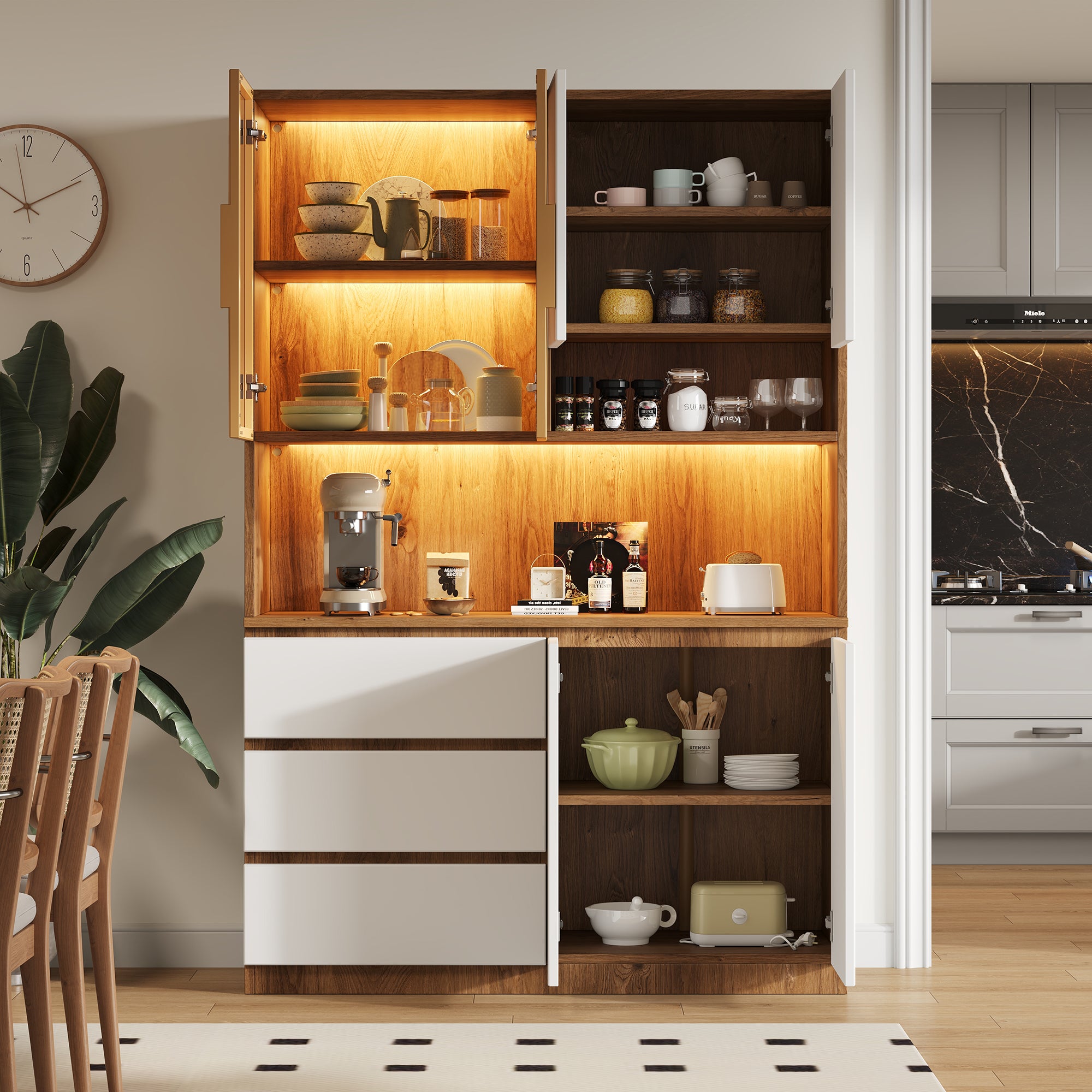 Meuble de cuisine 120,5 x 40 x 180 cm, armoire de rangement LED avec 3 tiroirs, 6 portes, étagères et niche micro-ondes, Blanc + bois naturel - 8