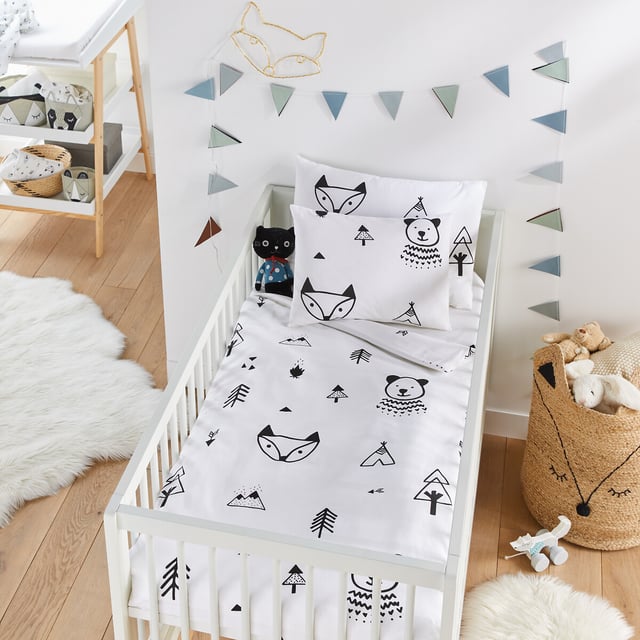 Housse de couette bébé, Forest Camp - Noir/blanc - 80 x 120 cm