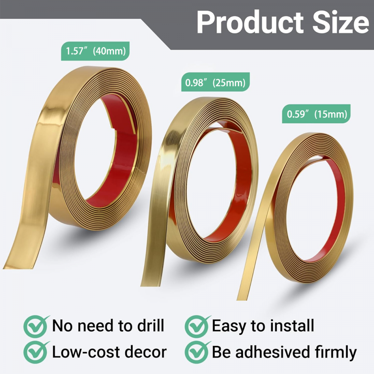Tiras decorativas autocolantes em PVC, adequadas para paredes, espelhos, pavimentos, armários, 15mm×5m, dourado fosco - 4