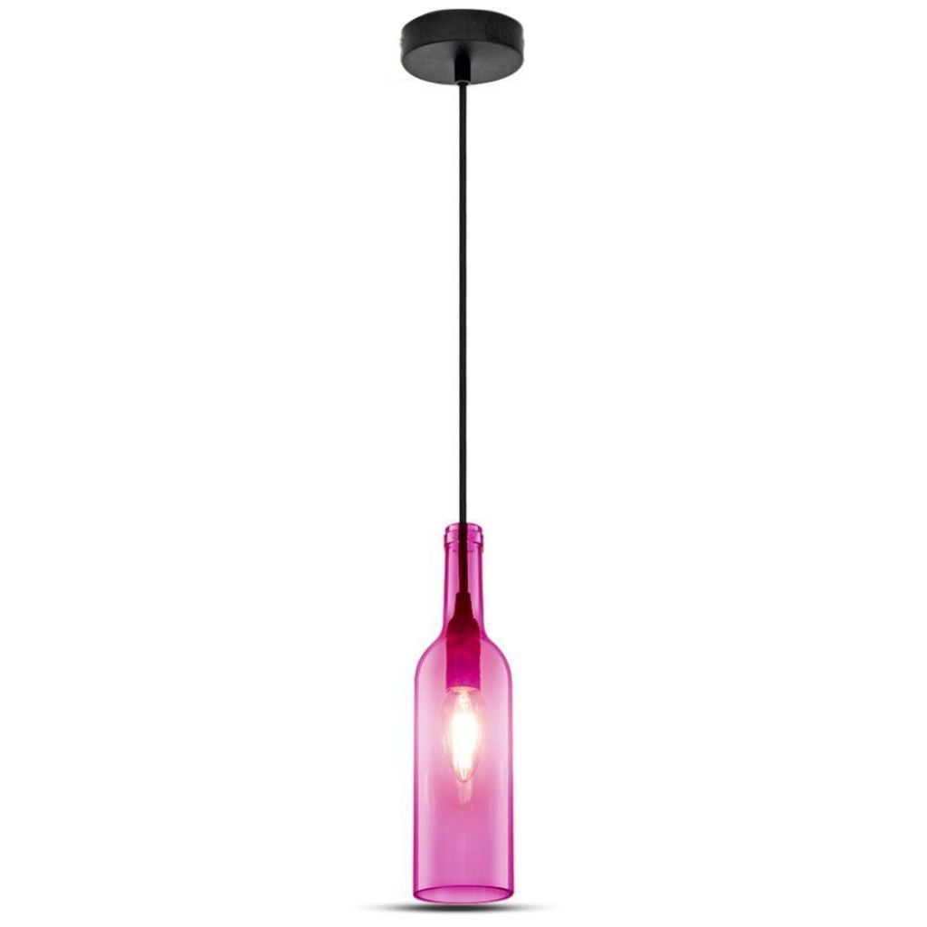 Żyrandol LED w kształcie butelki szklanej z uchwytem na żarówkę E14 (maks. 60 W) w kolorze różowym