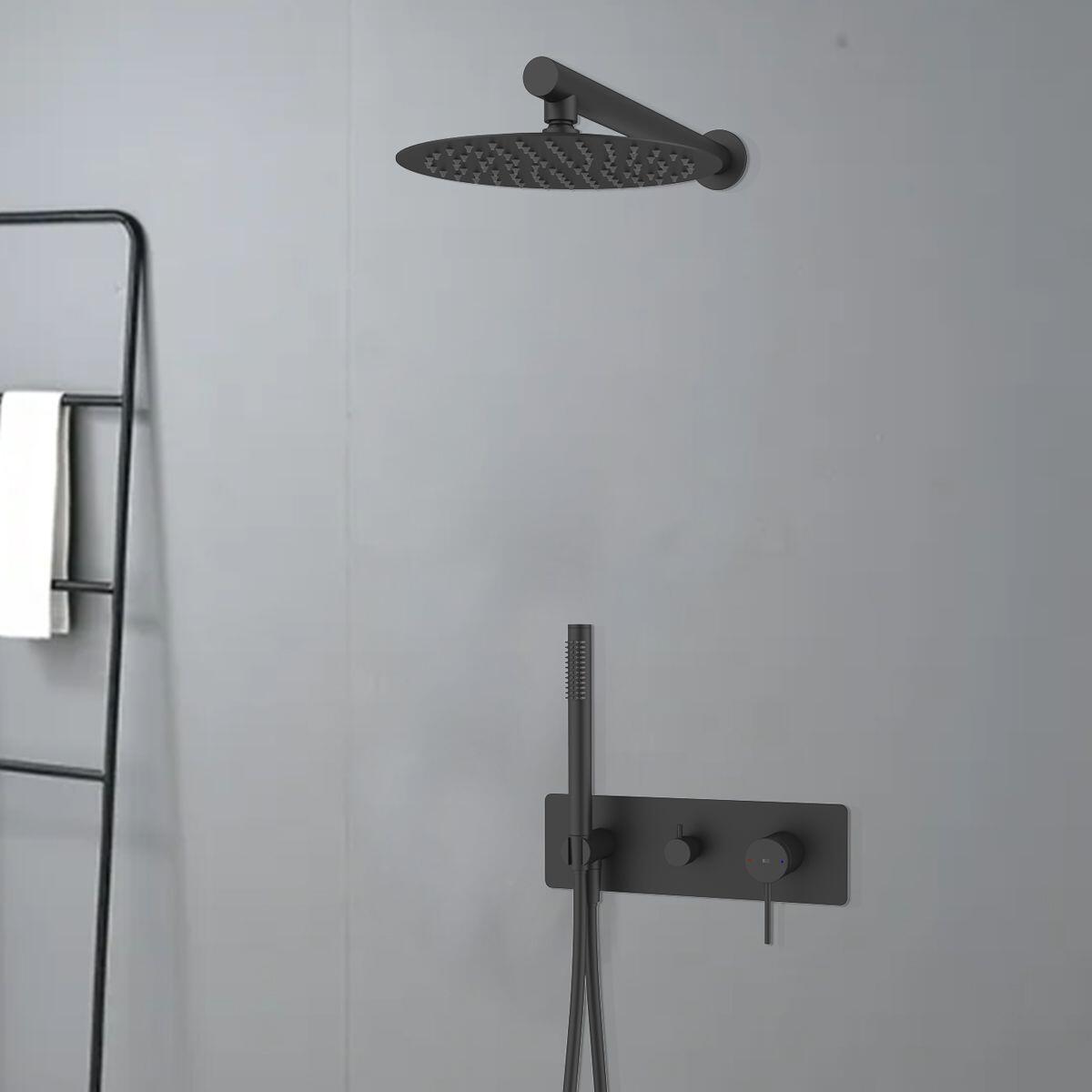 Ensemble de douche à encastrer mitigeur ESSEBAGNO noir mat rond. Pomme de douche murale 25 cm anticalcaire 2 voies - 2