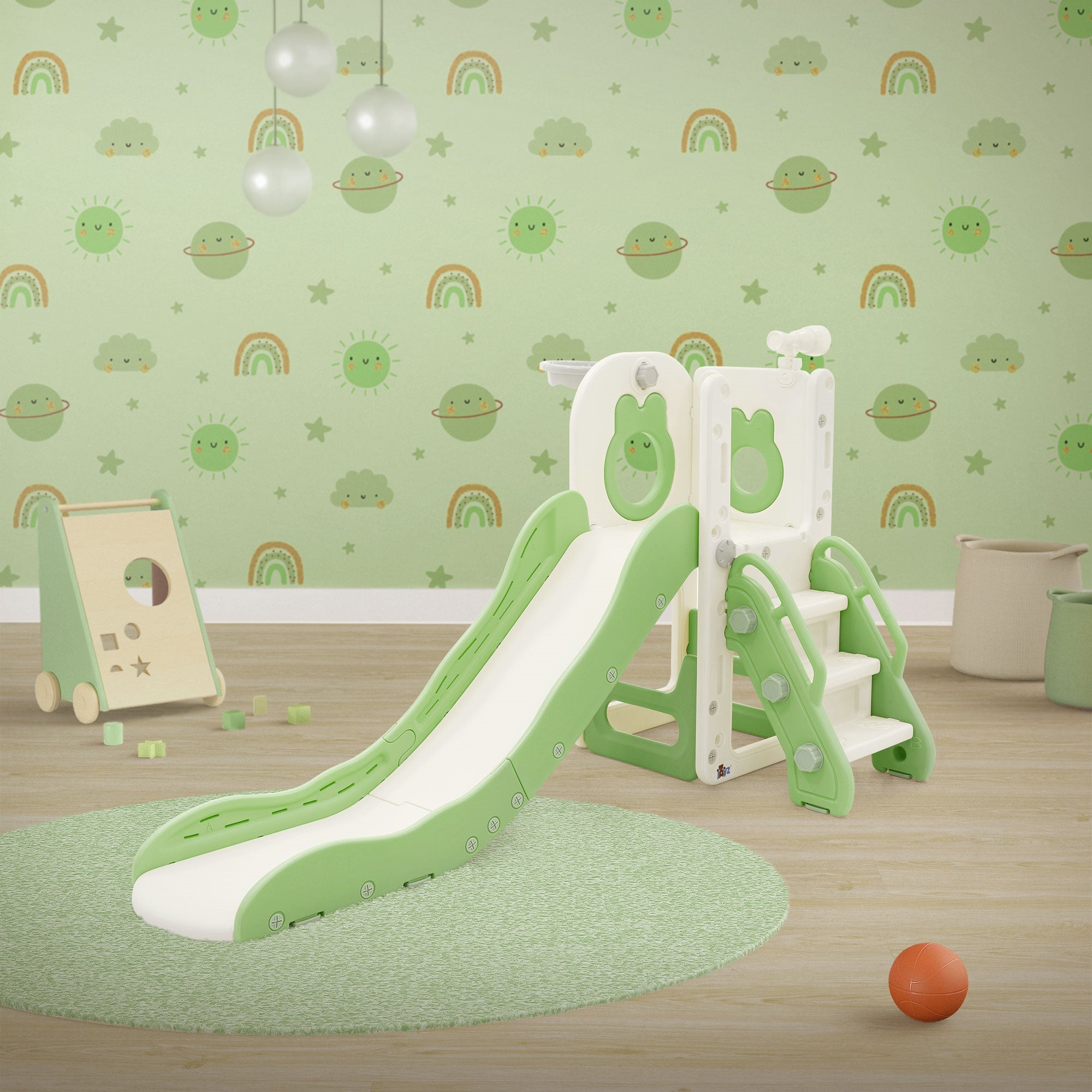 Toboggan 3en1 blanc-vert pour enfants structure de jeu en plastique avec panier de basket et échelle sûre d’activité pour tout-petits dès 3 ans - 6