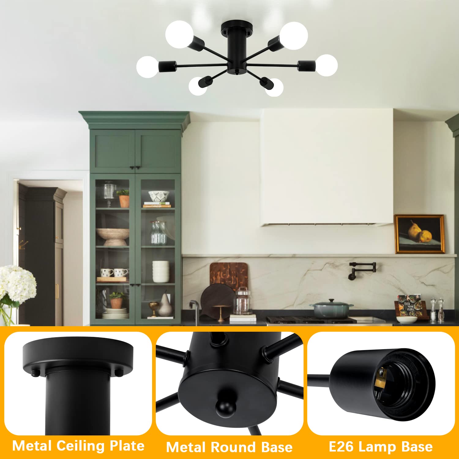 Półwpuszczana lampa sufitowa,sufitowa z 6 głowicami, nowoczesny żyrandol satelitarny, oprawa z połowy XX wieku,kolorzłoty (żarówka nie jest dołączona) - 8