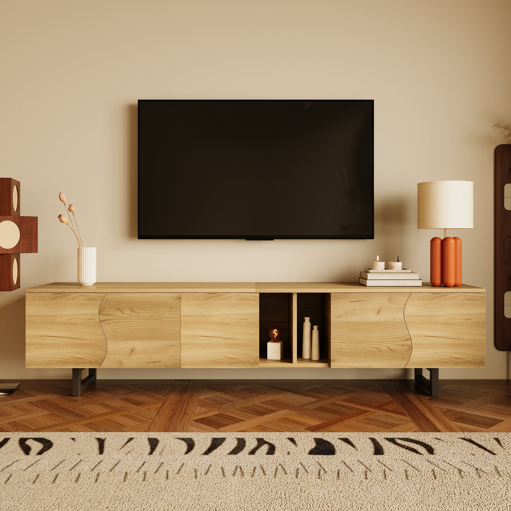 Stolik pod TV z 5 drzwiami i otwartymi przegródkami - 191 x 38 x 46,5 cm - Płyta wiórowa + MDF - Naturalny - 7