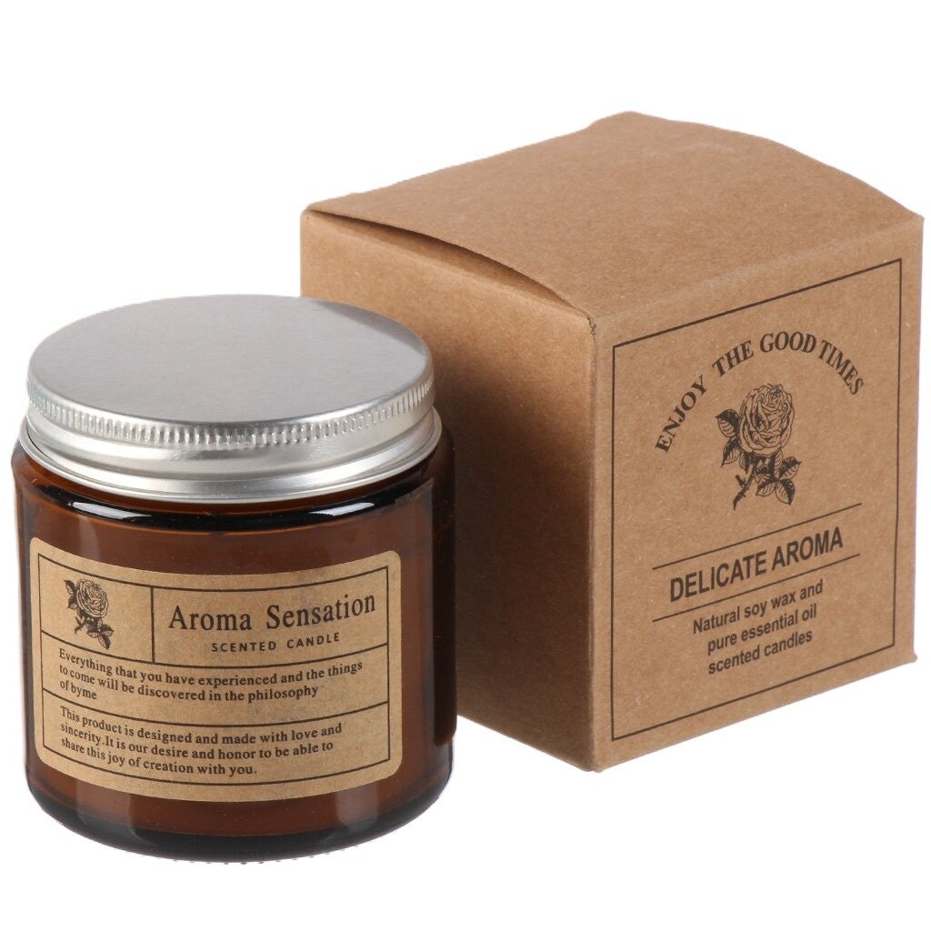 Lumanare parfumata Flippy, borcan maro, aroma de lavanda, ceara vegetala