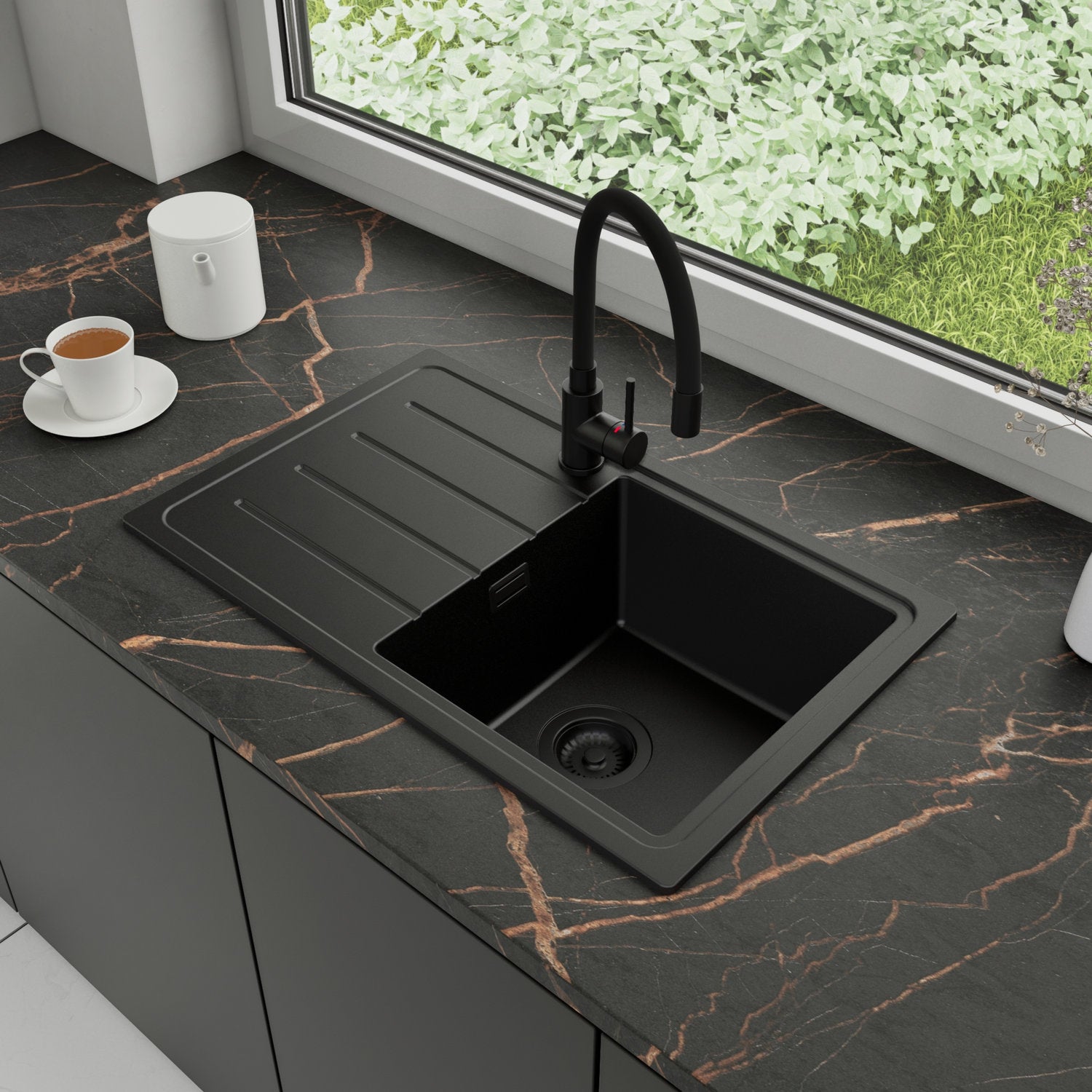 Zlewozmywak Granitowy 70x44cm, do szafki od 45cm + Bateria + Syfon - Ametyst Cały Czarny STONESTYLE