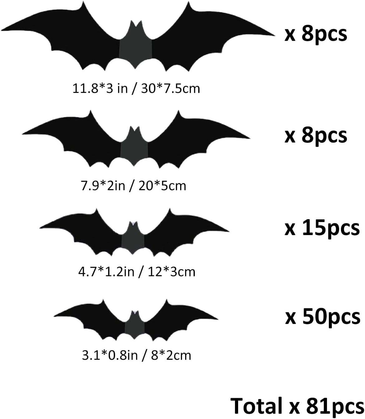 81 peças de decoração de parede de morcego de Halloween, 4 tamanhos, morcegos pretos para decoração de festa de Halloween - 2