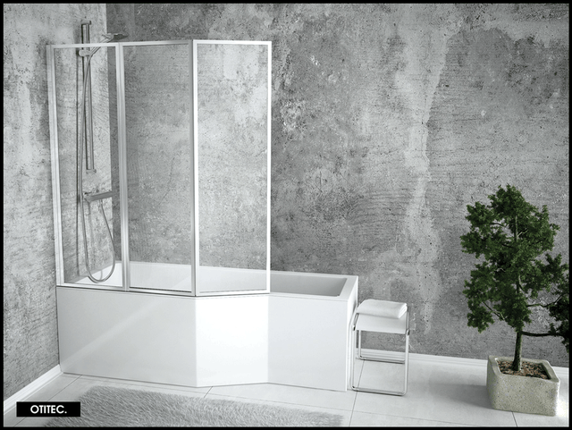 Baignoire asymétrique de 170 x 75 cm - Blanc - Gauche - avec Pare Baignoire 3 Volets - INTEGRA