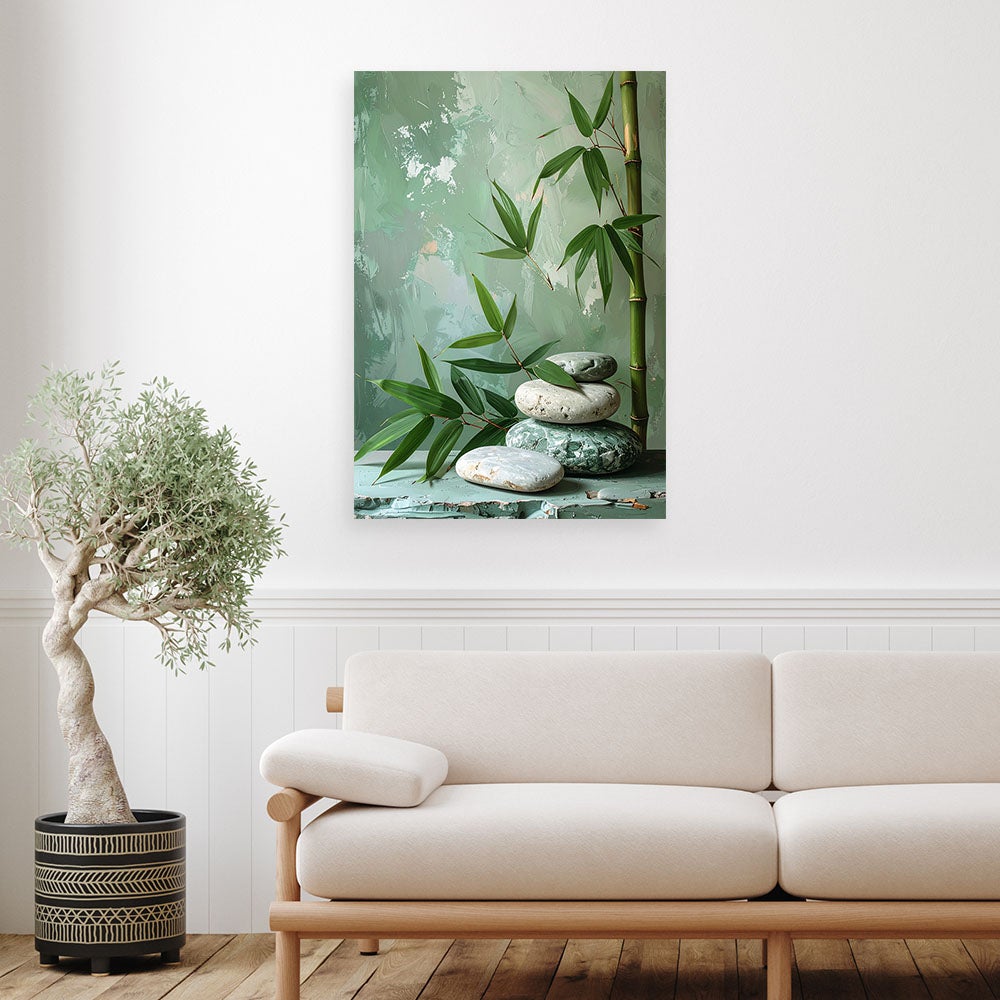 Obraz nowoczesny do salonu, Kamienie zen spa liście bambusa w zieleni 80x120 - 2