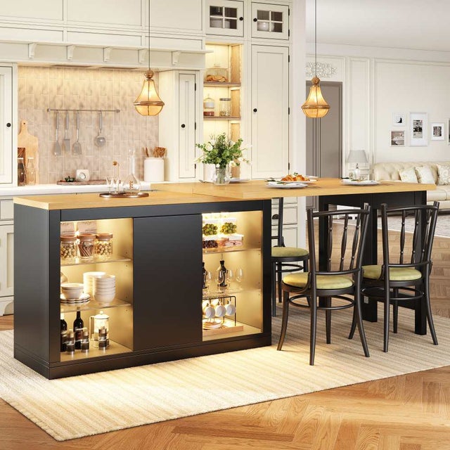 Table îlot extensible 120-197cm, pivotante 360°, LED RGB pilotable par app, portes magnétiques, étagères verre, noir, 60kg