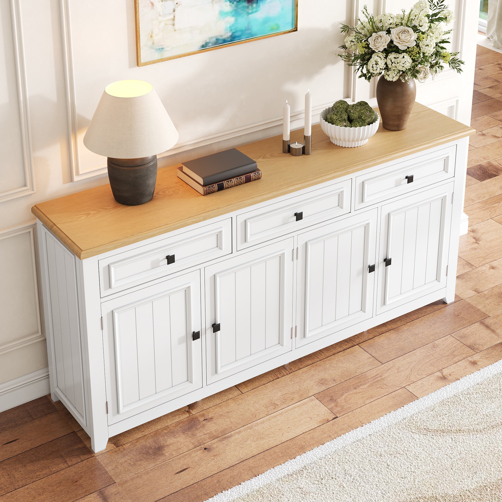 Nowoczesny buffet 160x35x76 cm - 3 szuflady i 4 fronty - Regulowane półki - MDF - Biały - 2