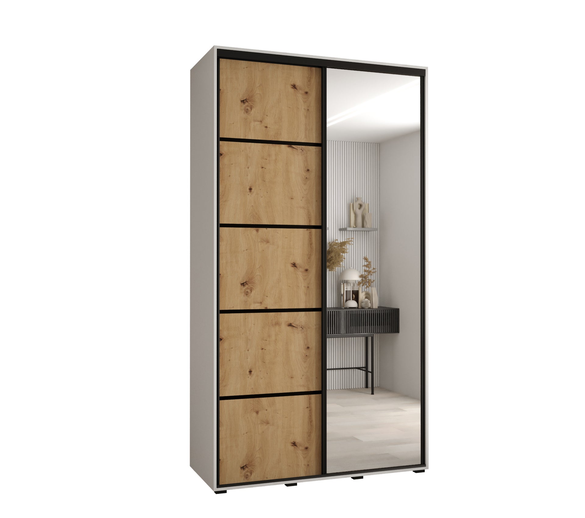 Szafa przesuwna z lustrem wysoka Davos 5 130 x 60 x 235,2 cm biały + artisan + u. czarny - Abiks Meble