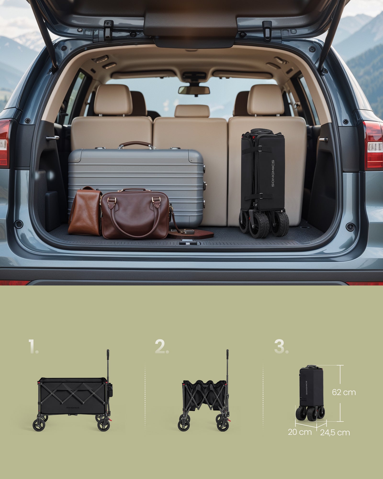 Chariot Pliable, Capacité de 150 L, Supporte Jusqu’à 150 kg, avec Poignée, 4 Roues Amovibles, pour Extérieur, Plage, Camping, Noir - 3